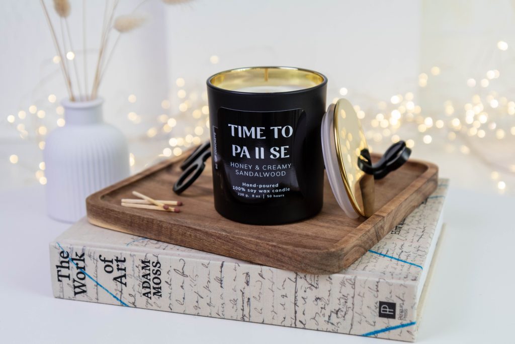 Honey and Sandalwood Scented Soy Wax Candle - Time to Pause